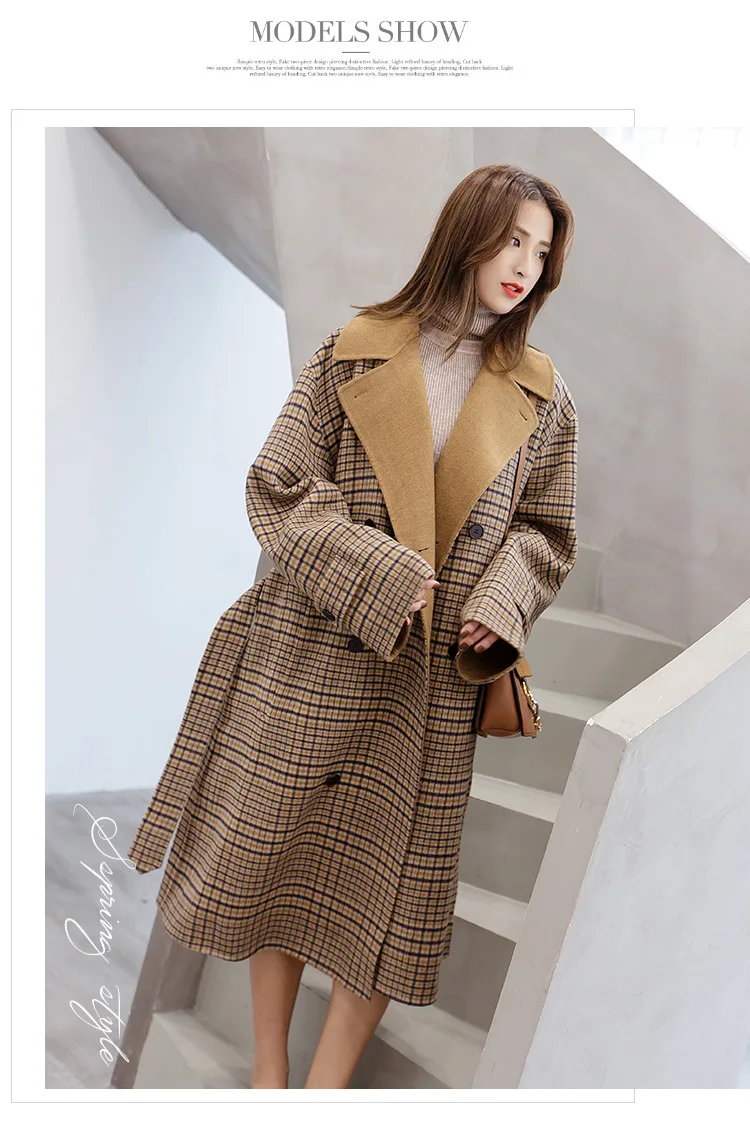 Шерстяное клетчатое пальто в стиле ретро для женщин; сезон осень-зима; большие размеры; шерстяное пальто; длинное пальто; женская верхняя одежда