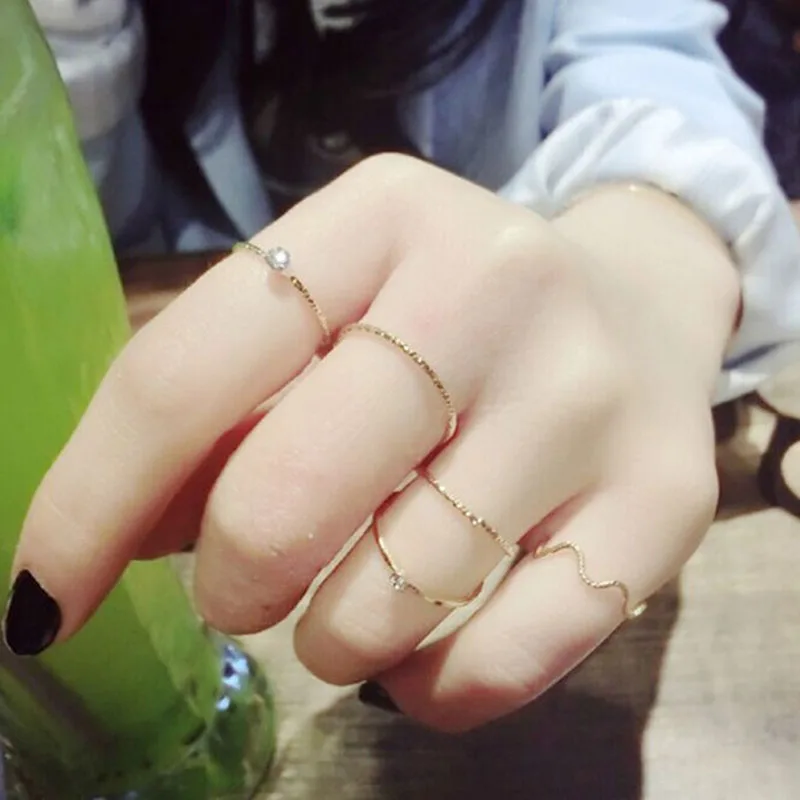 

Hot 5Pcs/Set Ladies Golden Silvery Midi Rhinestones Chic Knuckle Finger Ring Tail Rings Jewelry Gift