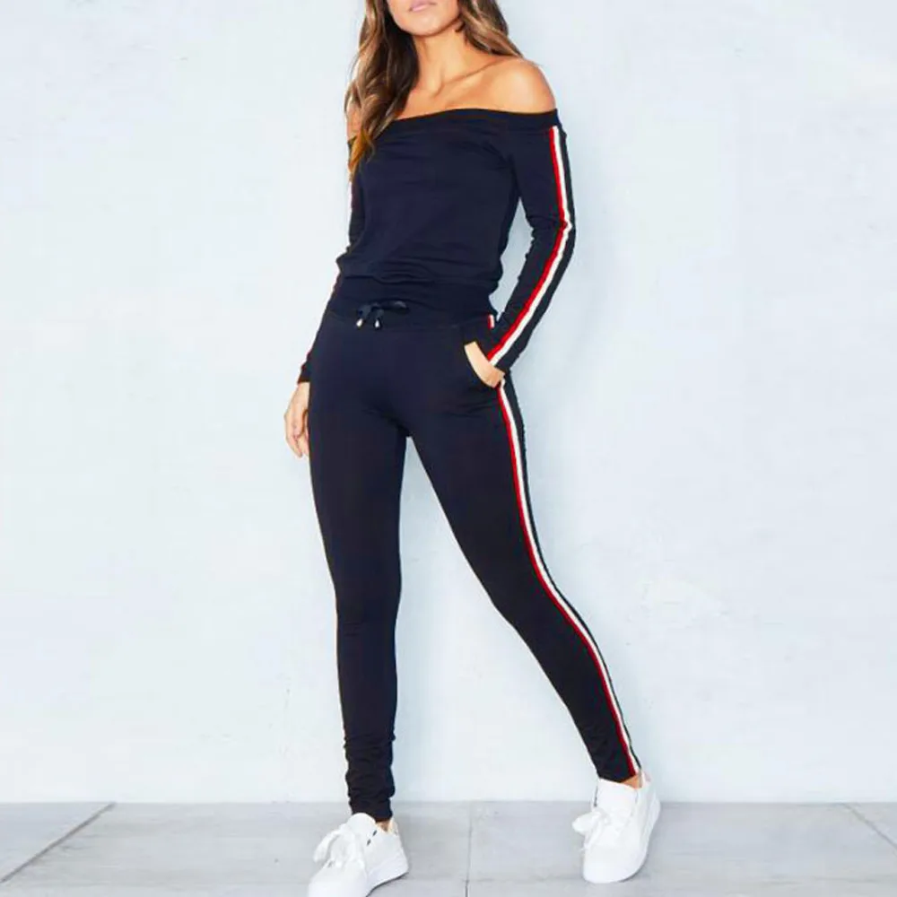 

Women's Tracksuit Off Shoulder Two Piece Set Women Autumn Female Striped Suits Casual 2 piece Sweatshirt Pant Suit Sportswear