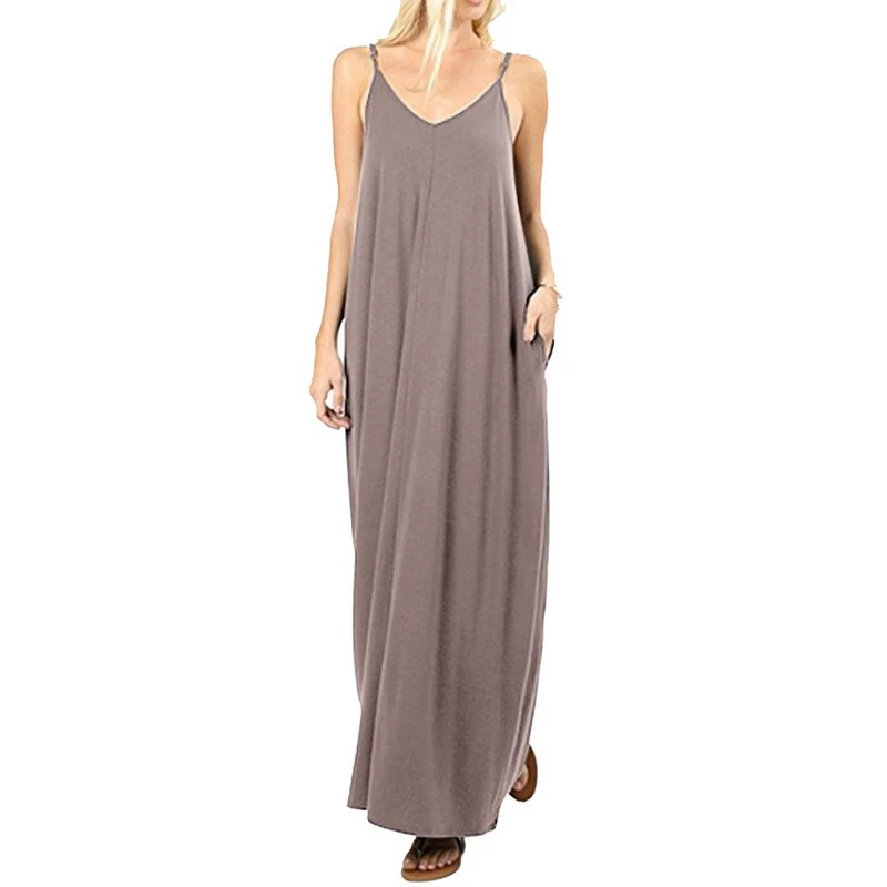 

Hot 2018 Women Casual Boho Sundress Loose Strappy Robe Longue Sexy Oversized Maxi Dress Dresses Solid Pockets Long Beach