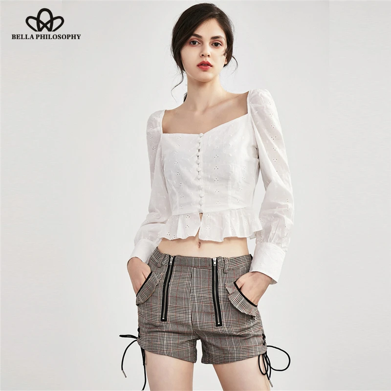 Summer ruffle button square collar blouse women Casual Cotton Shirt Summer long sleeve blusas top Wonder Store