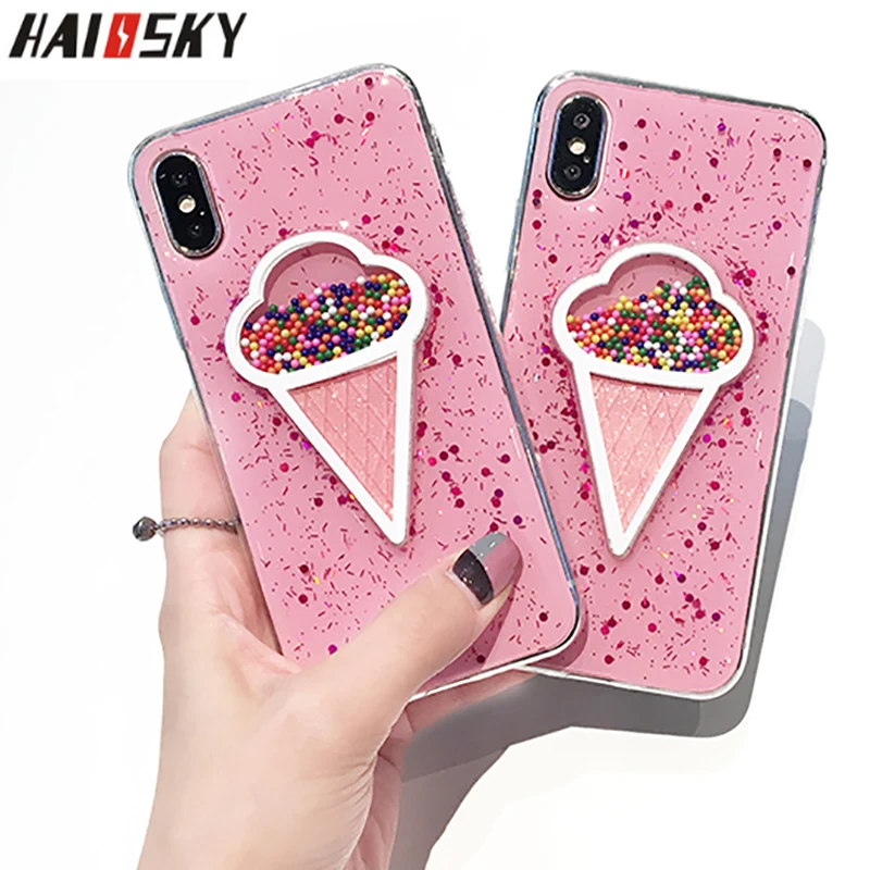 

3D Dynamic Bead Pink Ice Cream Case For iPhone X 10 XS Glitter Bling Liquid Quicksand Phone Cover For iPhone 6 6s 7 8 Plus Case