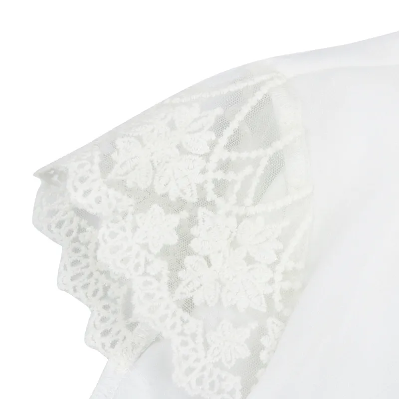 hanyiren Women Casual Chiffon Short Sleeve Splice Lace Crop 2018 Spring Lady New Sexy Lace Patchwork Chiffon Solid Stand Blouse Blouses