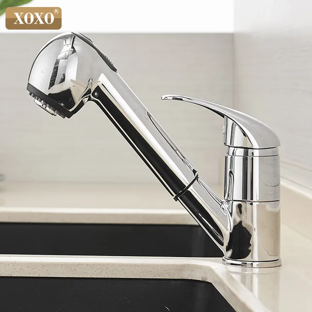 Best Price XOXO Kitchen Faucet 360 Degrees Pull Out Spray Cold and Hot Mixer Tap Crane Polished Black of Water Saving Torneira Cozinha 3304