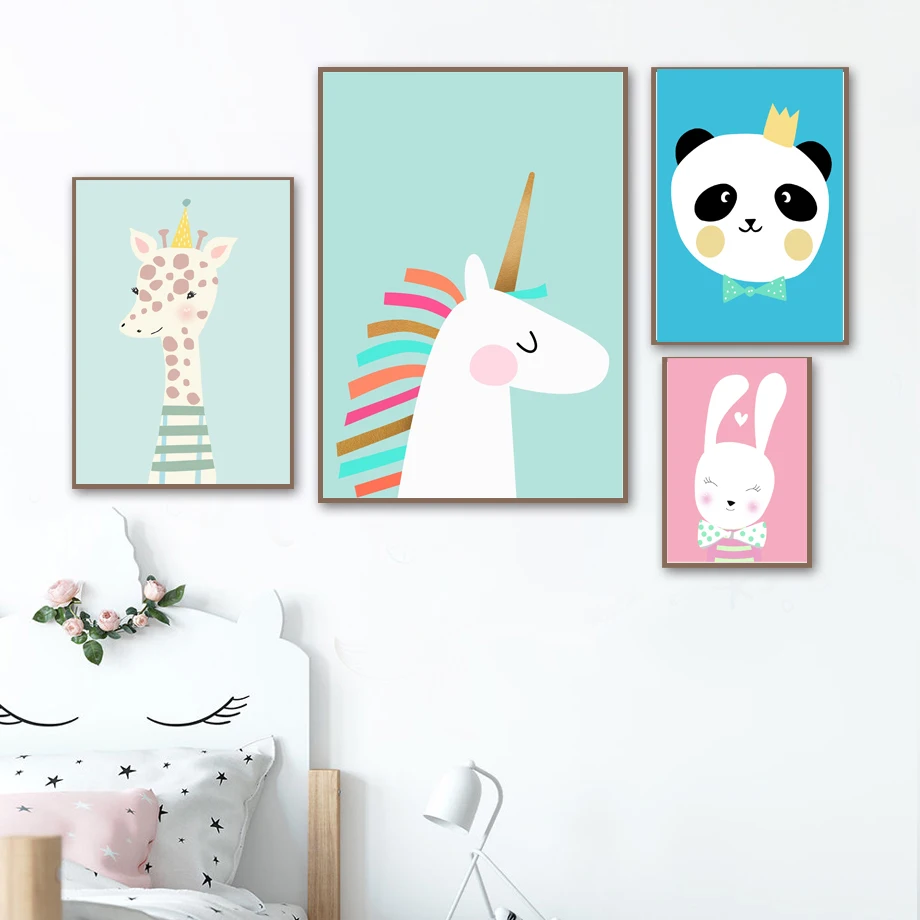 

Panda Crown Unicorn Giraffe Rabbit Wall Art Canvas Painting Nordic Posters And Prints Wall Pictures Baby Kids Room Nursery Decor
