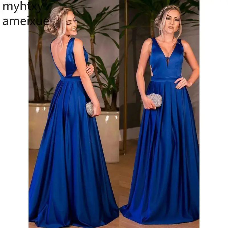 

Sexy Cheap Evening Dressesa-line Floor Length V-neck Backless Sleeveless Sweep Train Evening Gowns Custom Made Robe De Soiree