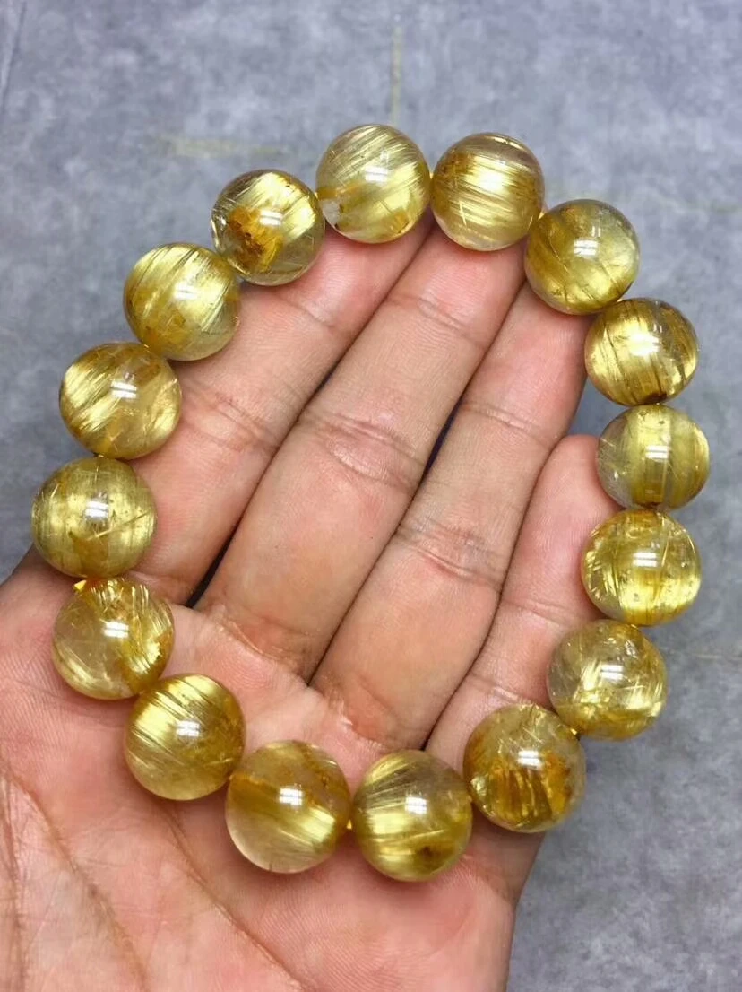 Genuine Brazil Natural Gold Rutilated Titanium Quartz Bracelet For Women Men Crystal Stretch 14mm Round Bead Certificate AAAAA (4)