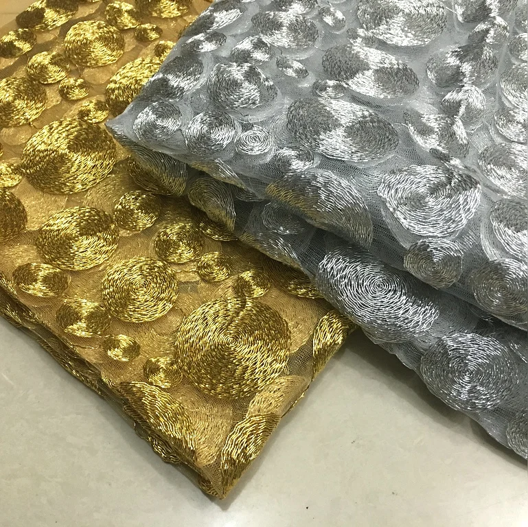 

Gold /silver/red sequins bead piece of gauze Lace embroidery fabrics The circle wave embroidered dress fabrics