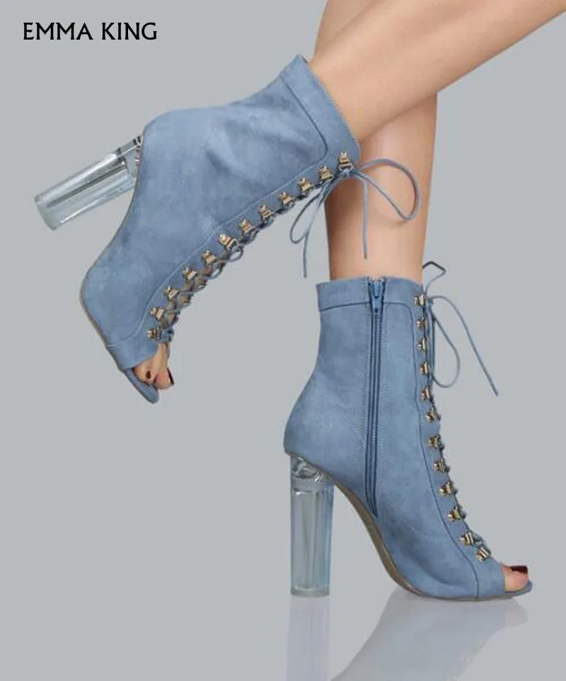 

Spring /Summer New Design Ankle Boots For Women Fashion Open Toe Thick Crystal Heel Lace-up Cut-out High Heel Jean Botas Mujer