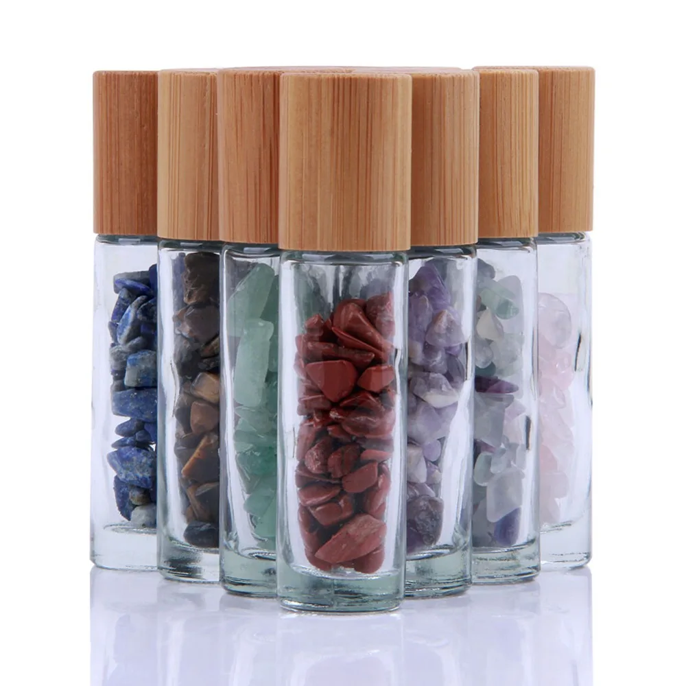 

yaye 10pcs Natural Semiprecious Gemstones Essential Oil Roller Ball Bottles Transparent Glass With Bamboo Lid Caps 10ml