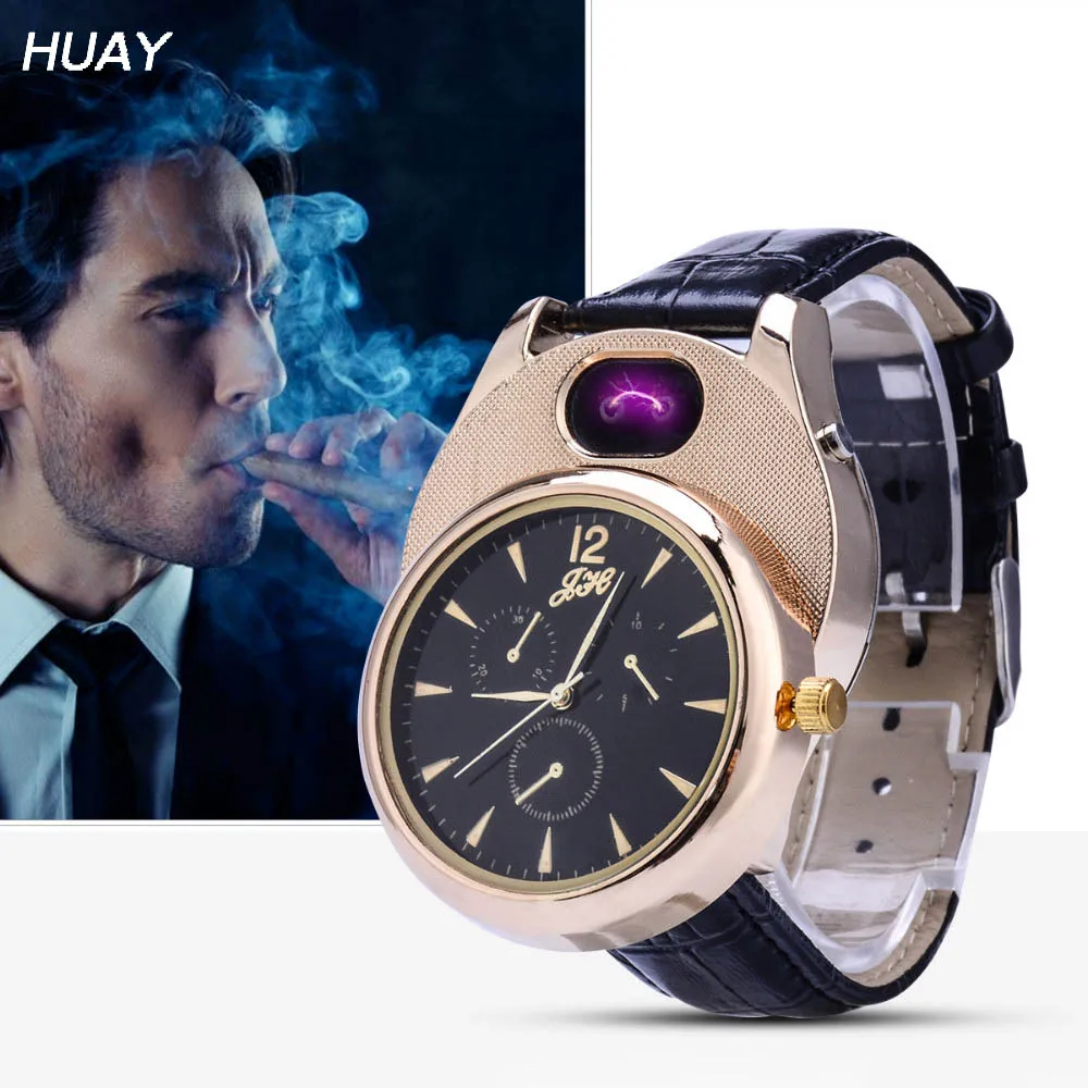 Cigarette Lighter watch Men USB rechangeable Casual Quartz Watch fashion Arc Flameless Lighter Wristwatches clock JH338