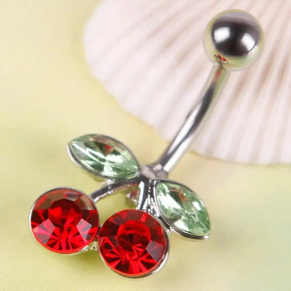 Rhinestone Red Cherry Navel Belly Button Barbell Ring Body Piercing In 