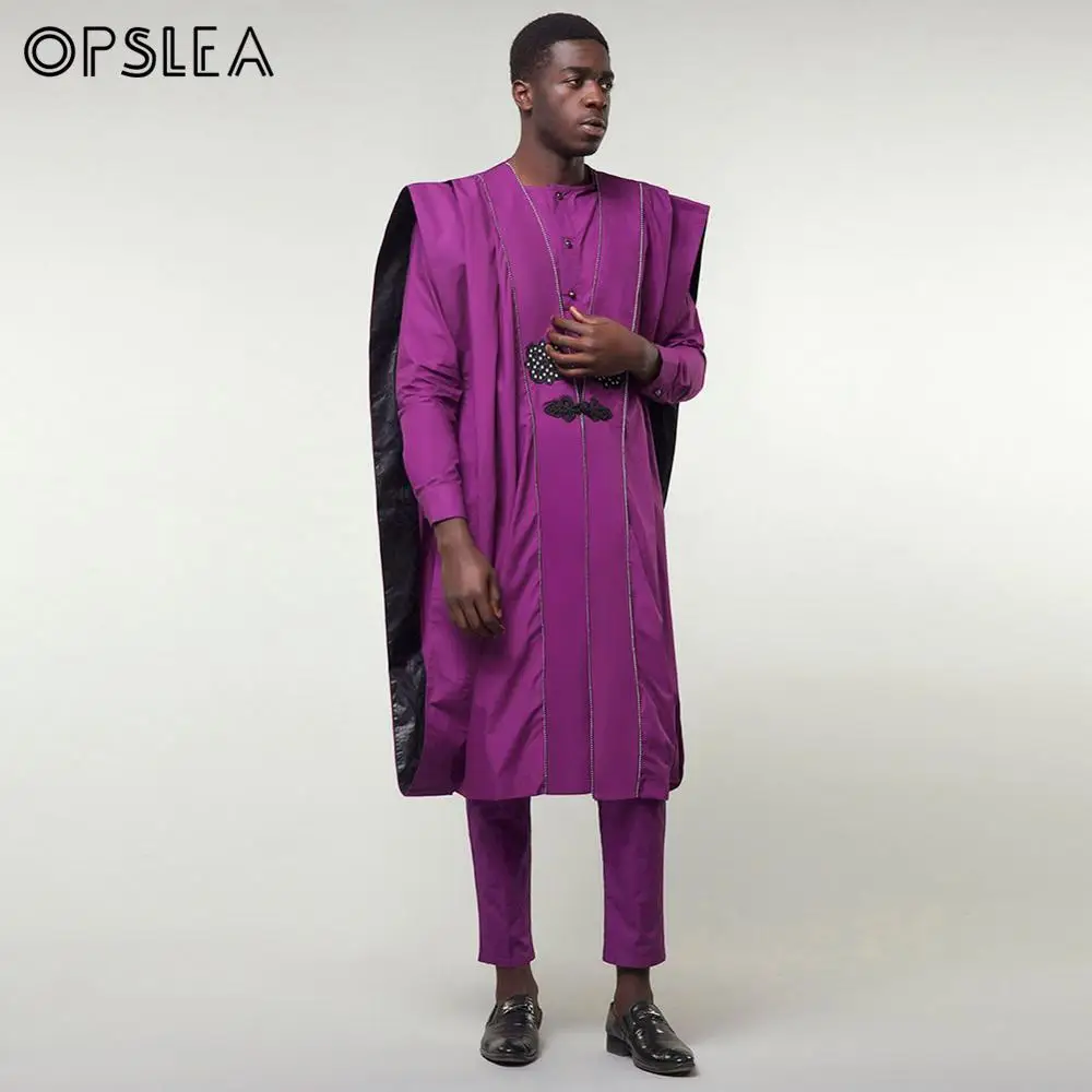Opslea/африканские мужские модные топы с длинными рукавами и штаны, комплекты из 3 предметов, деловые костюмы фиолетового цвета Agbada Robe, официальная одежда