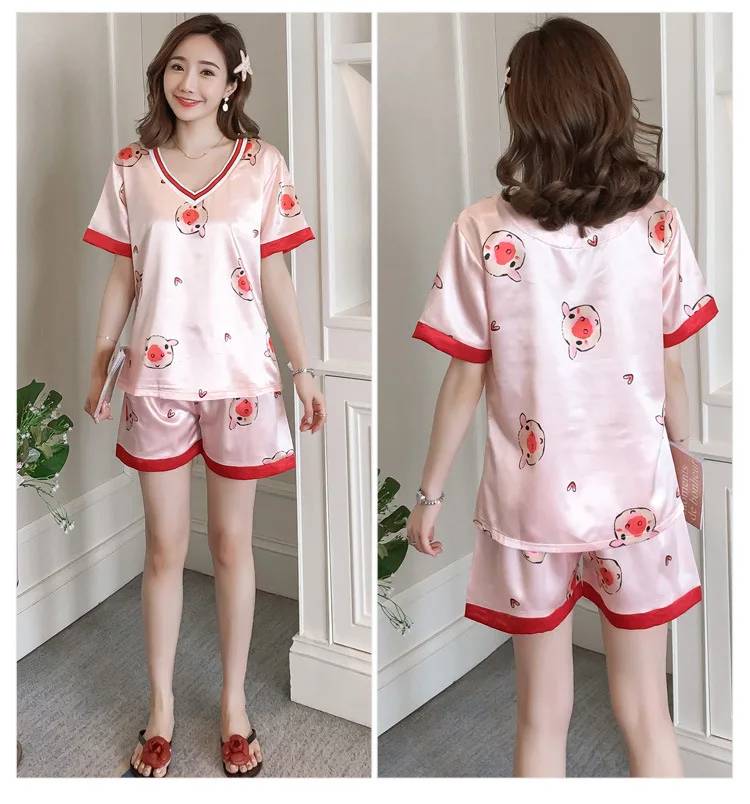 Пижамы женское белье атласные пижамы v-образный вырез с коротким рукавом рубашка шорты 2 шт. Лето 2019 милая розовая свинья Домашняя одежда