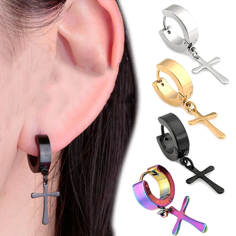 1 Pair Punk Titanium Steel Stud Earring Men Cross Earrings Fashion Tassels Crosses Ear Piercing