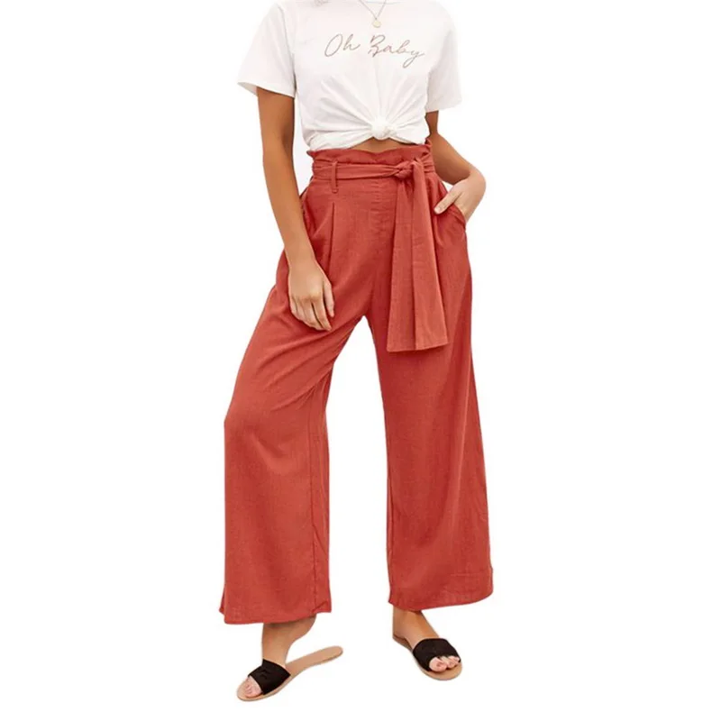 

CALOFE Loose Pant Wide Leg Summer Full Trousers Women Casual High Waist Pocket Cotton And Linen Pants Female Bandage With Belt