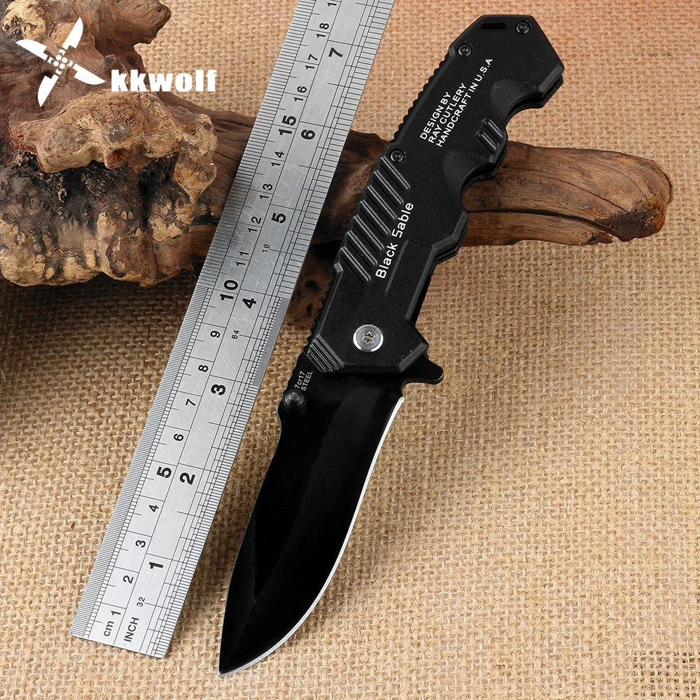 

KKWOLF Pocket Folding Knife 217 Cool knife Tactical Hunting Survival Combat Knives EDC Multi Tool Black Aluminum Handle military