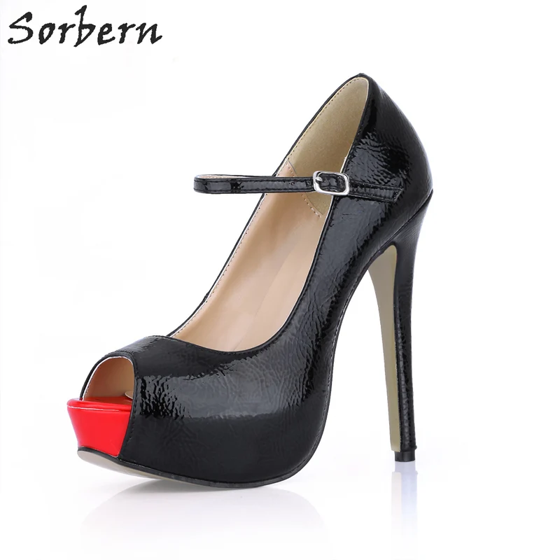 

Sorbern Black Mary Janes Women Pump High Heels Platform Shoes Ladies Open Toe Shoes Heels Work Heels 14Cm Thick Heel Shoes