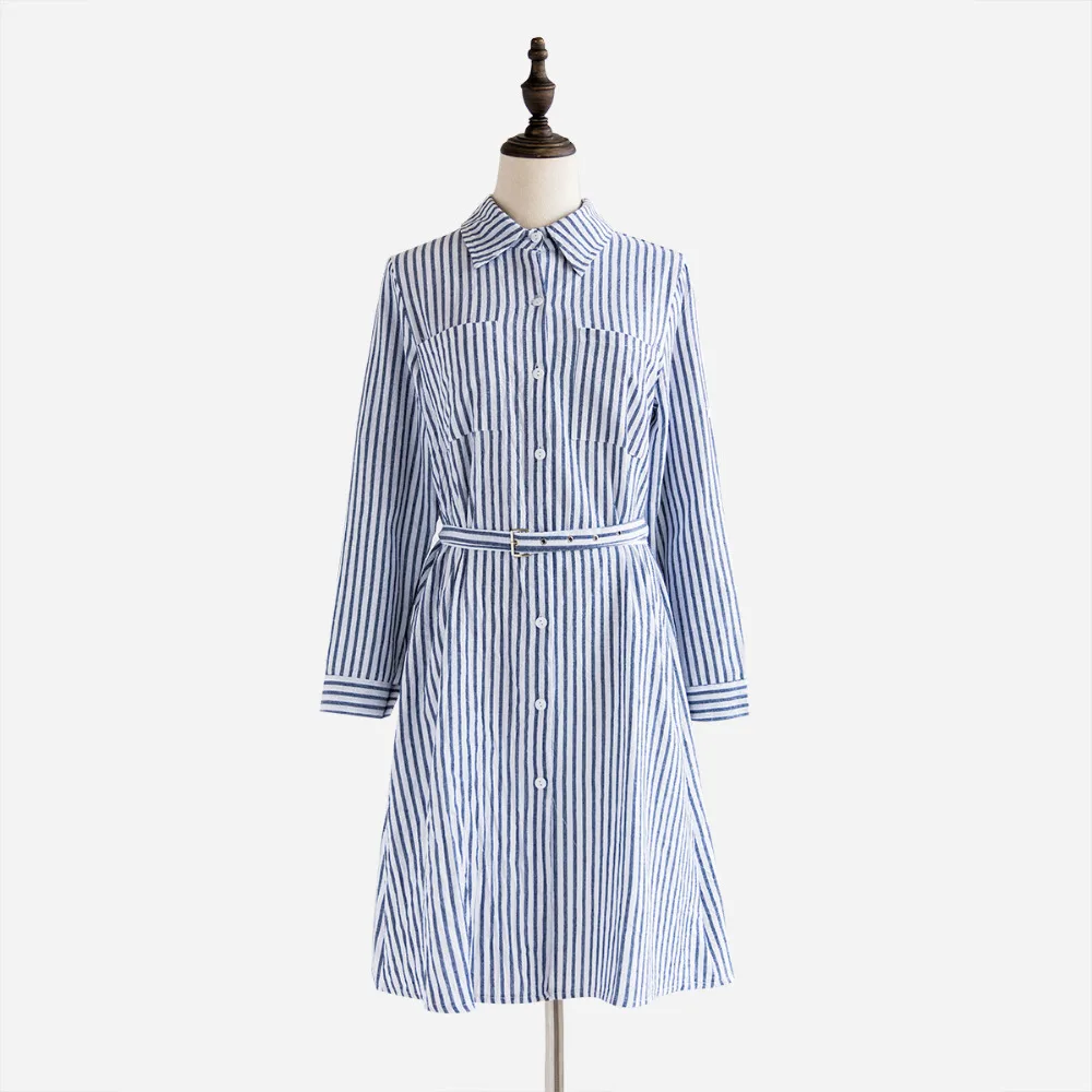 Женское винтажное платье рубашка в полоску с длинным рукавом|shirt dress|dress womenstriped dress