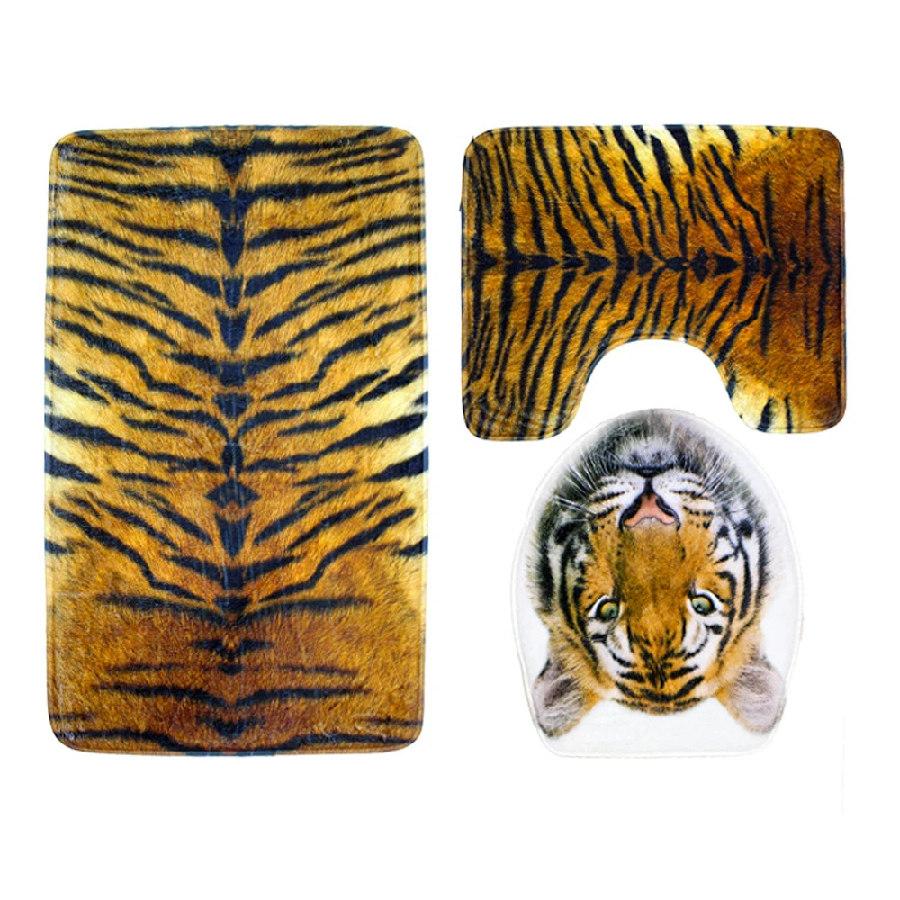 3Pcs Animal Tiger Leopard Bathroom Mat Rugs Set Flannel Print Mat