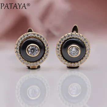 

PATAYA New Trendy Round Black Ceramic Micro Wax Inlay Natural Zircon Dangle Earrings Women Wedding Party Small Cute Fine Jewelry