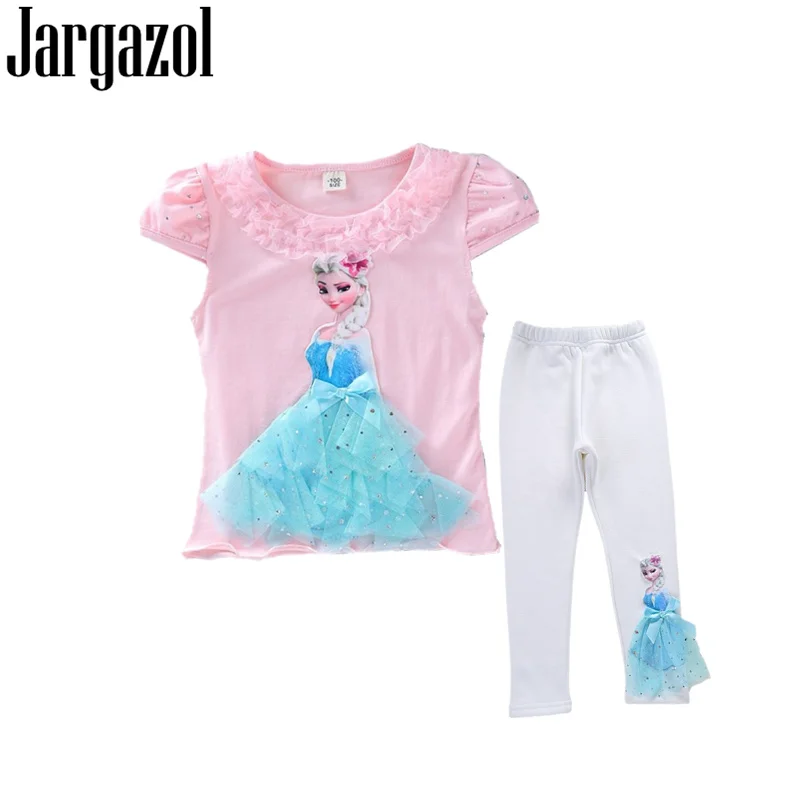 

Jargazol Kids Clothing Set Icing Anna Sofia Princess Elsa 3D APPLIQUE Summer Shirt&pants Cute Outfits Funny Girls Clothes