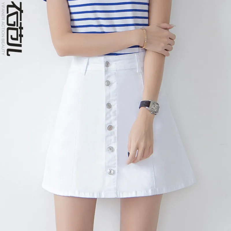 

Free Shipping 2016 New Fashion Summer Mini Short Elegant Women Skirts Single-breasted Ladies Plus Size XS-4XL Jeans White Skirts