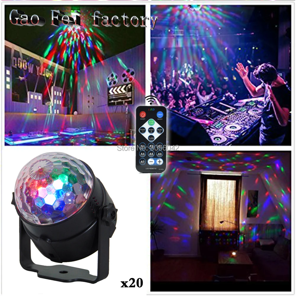 

20pcs/lot IR Remote Control 3W RGB Party Stage Light Music Sound Activated Rotating Magic Ball Projector