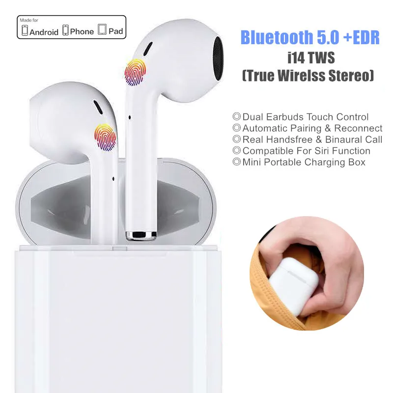 i14 TWS Touch Control True Wireless Earbuds Bluetooth Earphone Sport Handsfree Bluetooth Headset With Microphone Charging Box