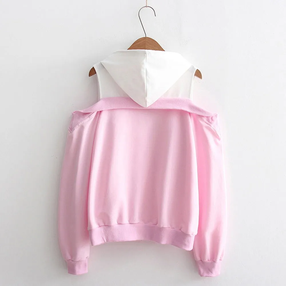 Fashion Autumn Women Pullover Sweatshirt Loose Off Shoulder Patchwork Hoodies Casual Long Sleeve Hooded Sweatshirt Hoodies