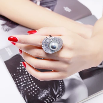 

Big Grey Pearl Ring for women Ladies Luxury jewelry Flower Lotus leaf Fashion crystal large ring Best gift for Mom