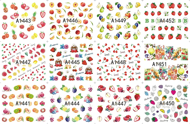 

12 Sheets Nail Art Water Transfer Sticker Decal Strawberry Apple Pear Kiwi fruit Sticker Wrap Tip Nail Art Decoration A1441-1452