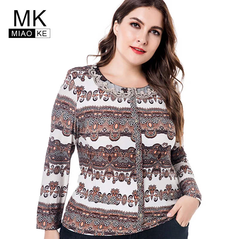 

Miaoke Women's Plus Size Vintage Floral Printed 2018 autumn new long sleeve round neck casual tops 4XL 5XL 6XL