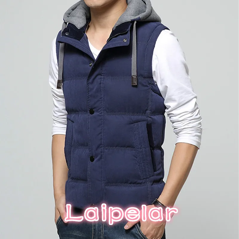 Cheap High Quality Men Casual Vest Winter Coat Hat Detachable Men Waistcoat Sleeveless Jacket Solid Outwear Vest Men 4 Colors Laipelar