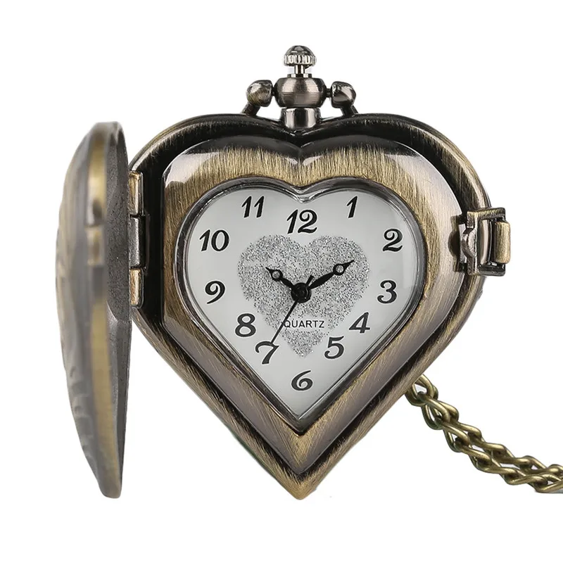 Ретро Сердце Форма бронзовый кулон карманные часы с цепочки и ожерелья цепи Прохладный Кварцевые Fob часы для женщин дамы обувь