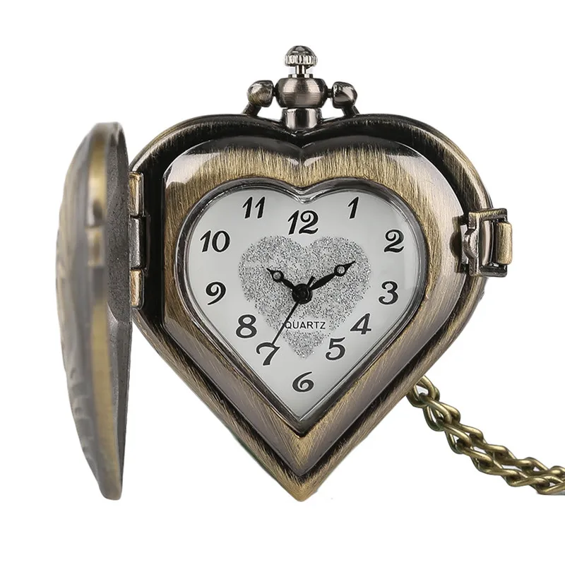Retro Heart Shape Bronze Pendant Pocket Watches with Necklace Chain