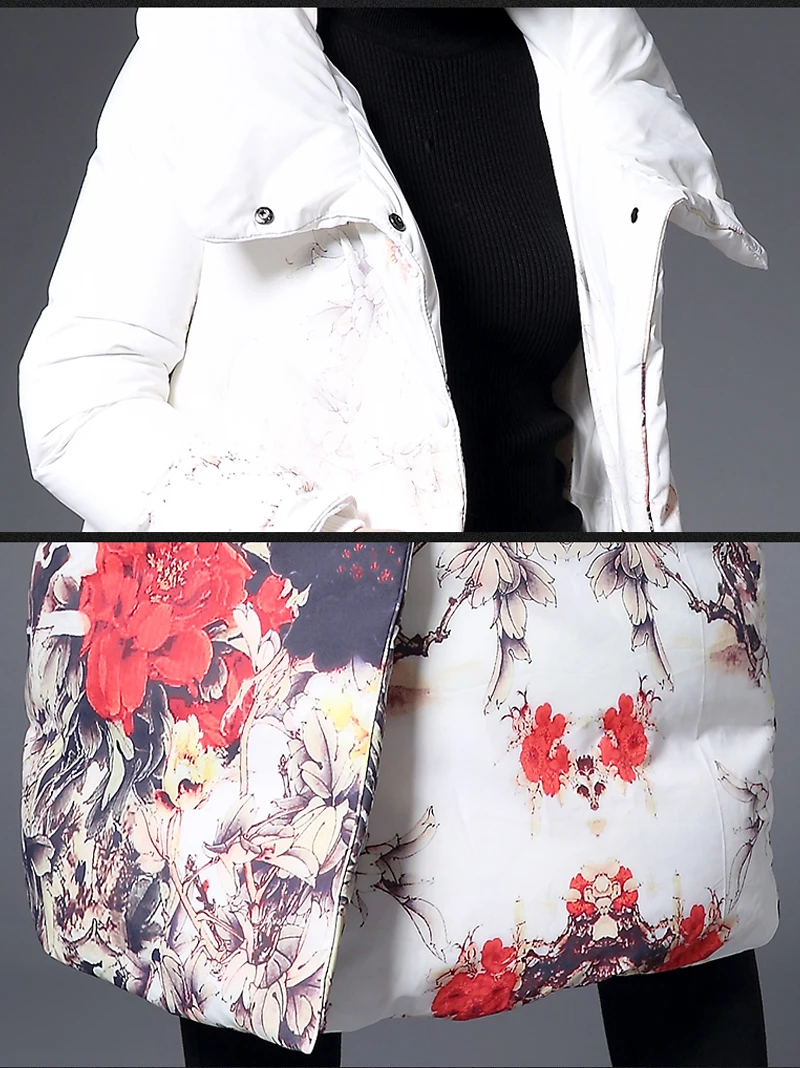 Женская зимняя куртка с цветочным принтом, длинная приталенная Женская парка, белый теплый пуховик с высоким воротником