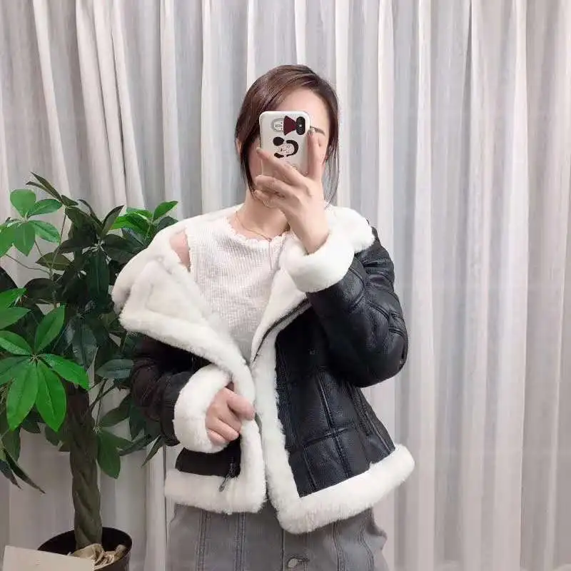 Abrigo mujer natural real sheep fur coat women clothes moto& Biker genuine leather jacket Double-faced Fur sheepskin coat