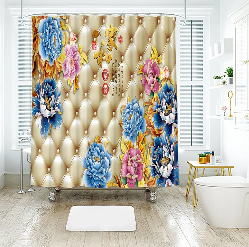 Oil painting Chinese style peacock waterproof shower curtainShower