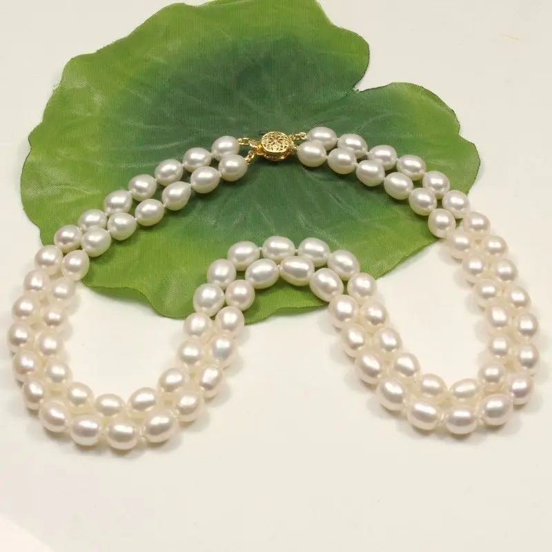

fast s123 beautiful 2 rows 8-9mm white black oval freshwater cultured pearl necklace