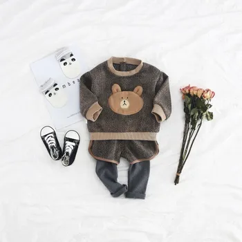 

Toddler Clothing Set Bear Sweatshirt + Fake Two Pants Suit For Boy Stripe Stitching Girl 2Pcs 1-4 Y Kindergarten Baby Clothes