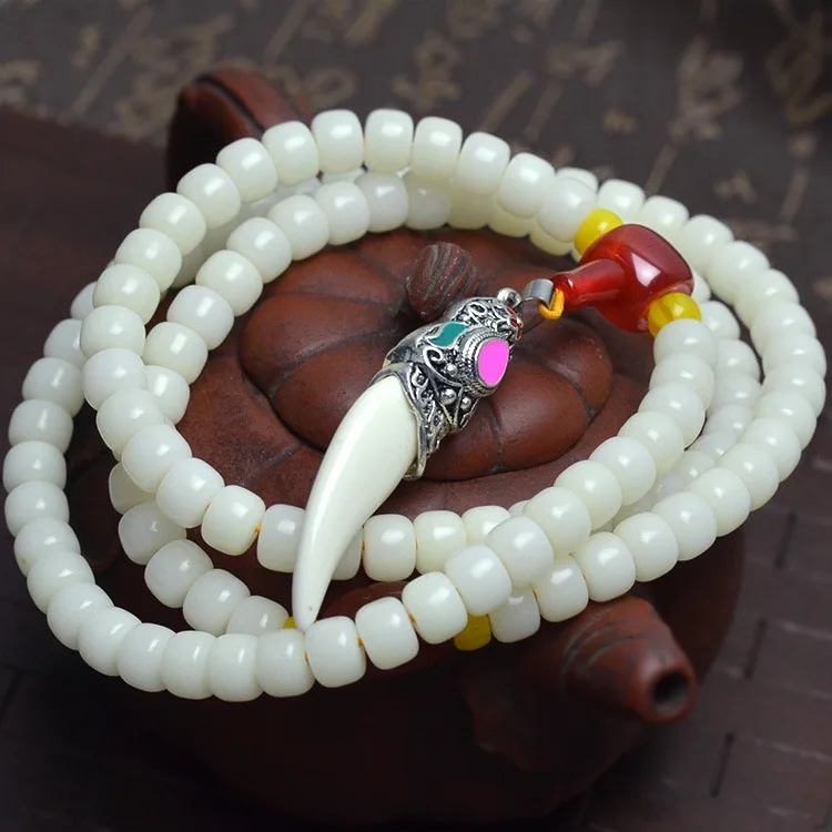 Тибетский KingKong белый Bodhi баррель бусины 108 четки тибетские серебряные браслеты с зубом Будда молитва Japa Mala ювелирные изделия аксессуары