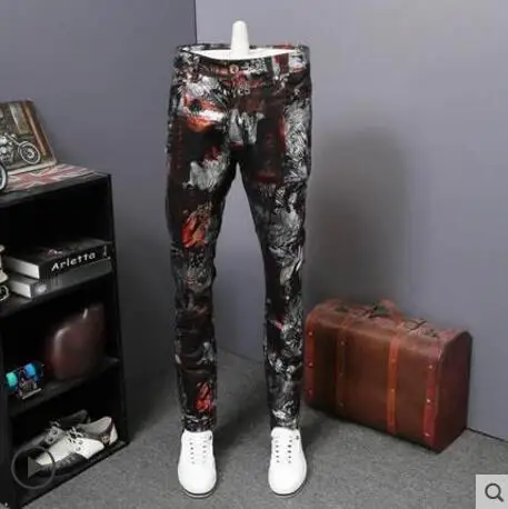 

2018 New Men Hot Sale Casual Men Quality Comfortable Trousers Men Printed Slim Flower Pants PU Casual Straight Long Pants
