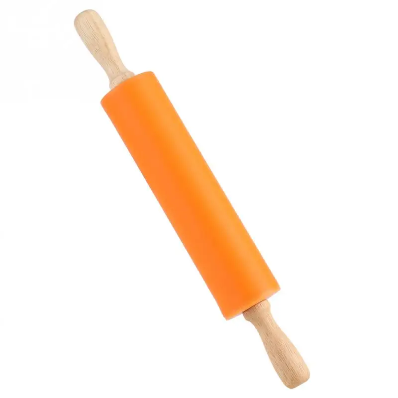 Антипригарная силиконовая Скалка с деревянной ручкой Кондитерская мука торт тесто узорная роликовая посуда для выпечки Кухонные Кондитерские доски инструмент - Цвет: Оранжевый
