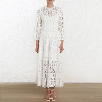 

White Women Dress Top Quality Lace Night CLub O-Neck Long Sleeve Evening Party Dresses Elegant Long Dress