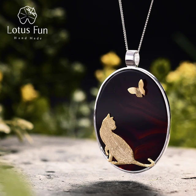 US $39.90 Lotus Sterling Silver Natural Agate Handmade Jewelry Butterfly Pendant