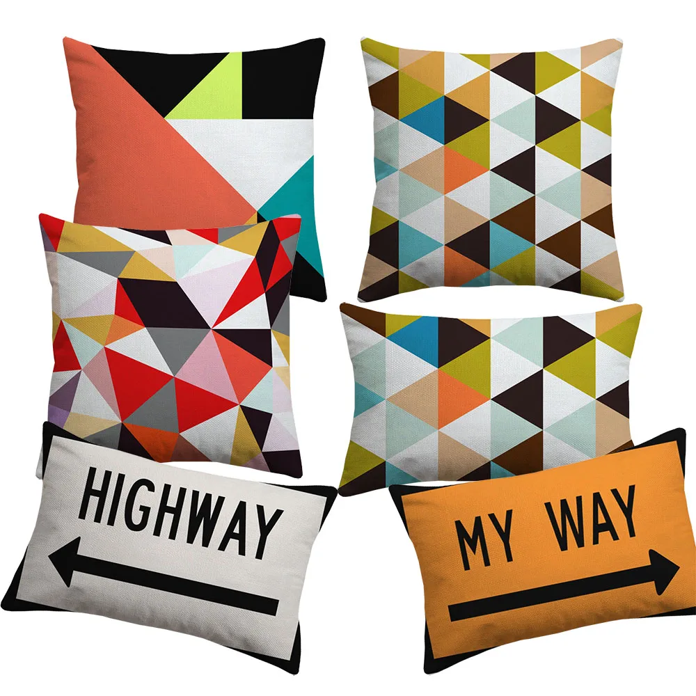 

Geometric Triangles Road Sign HIGHWAY MY WAY Cushion Covers Watercolor Plaid Linen Cotton Pillow Cases Sofa Decoration