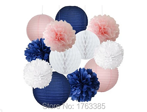 

12-Pack Navy Blue Pink White Party Tissue Pom Poms Hanging Paper Lantern Honeycomb Balls Nautical Themed Wedding Decoration