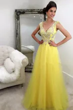 A-line Prom Kleider 2017 V-ausschnitt Sleeveless Zipper Bodenlangen Tüll Mit Kristall Perlen Formale Kleider Lange Abendkleid 2016