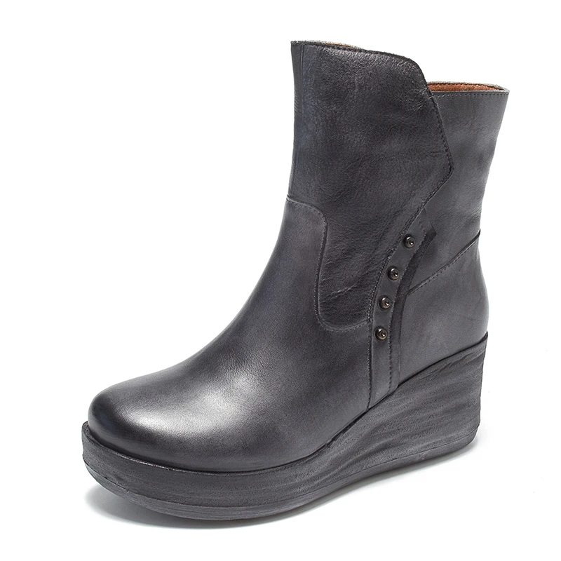 

Retro Leather Ankle Autumn Winter New Round Head Wedges Single Boots Top Layer Leather Women's Boots Rubber First Layer Cowhide